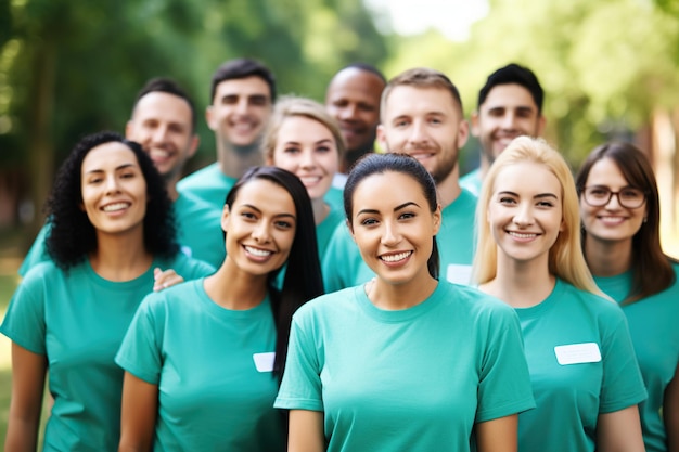 Photo group of smiling diverse female and male volunteers in matching tshirts looking at camera