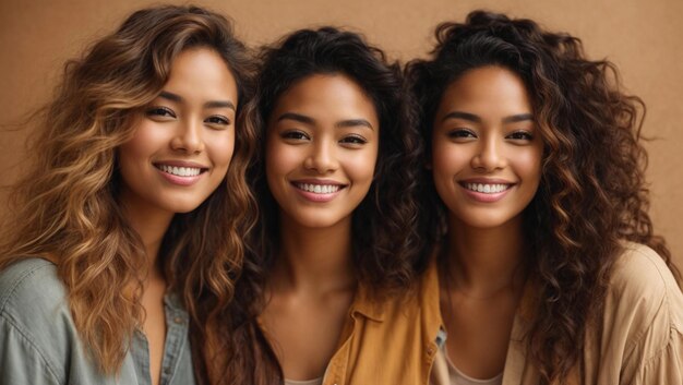 Group smiling diverse young multiracial women on beige isolated background