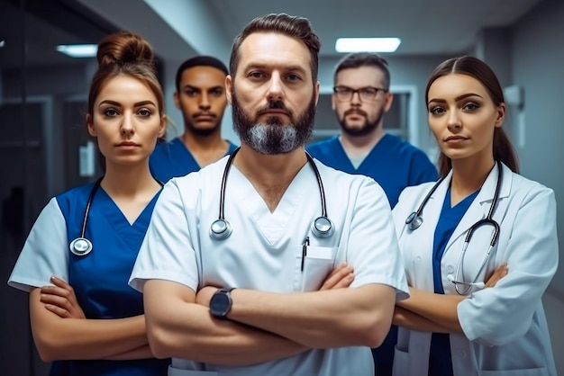Foto gruppo di medici sorridenti con stetoscopi in piedi nel corridoio dell'ospedale ia generativa