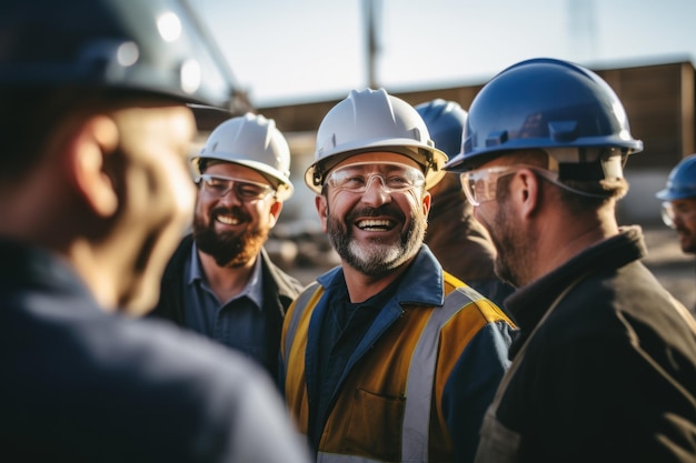 A group of smiling engineers and professionals wearing hard hats and helmets on a construction site