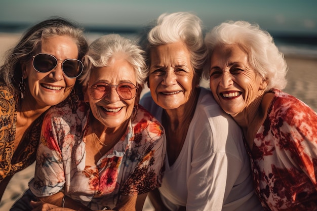 group of smiling female senior friends posing at the beach