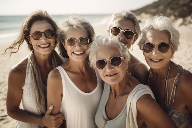 group of smiling female senior friends posing at the beach