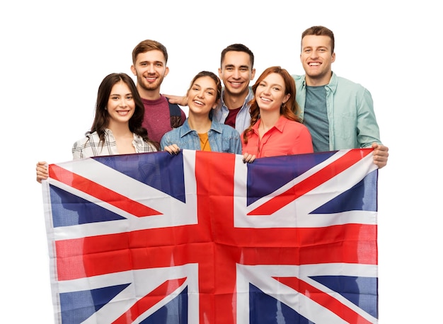 group of smiling friends with british flag