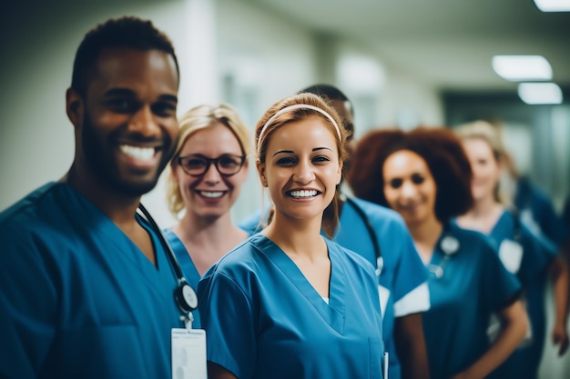 병원 복도 에 서 있는 미소 짓는 의료 노동자 들 의 그룹