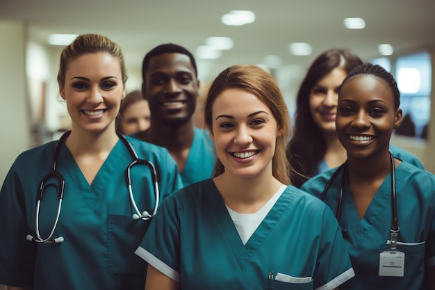 Photo a group of smiling medical workers standing in hospital corridor