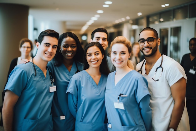 Foto un gruppo di medici sorridenti in piedi nel corridoio dell'ospedale