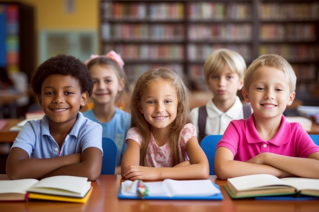 Group of smiling multi ethnic children at school desk Back to school concept AI generated