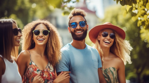 Foto un gruppo di persone sorridenti che si divertono all'aperto indossando