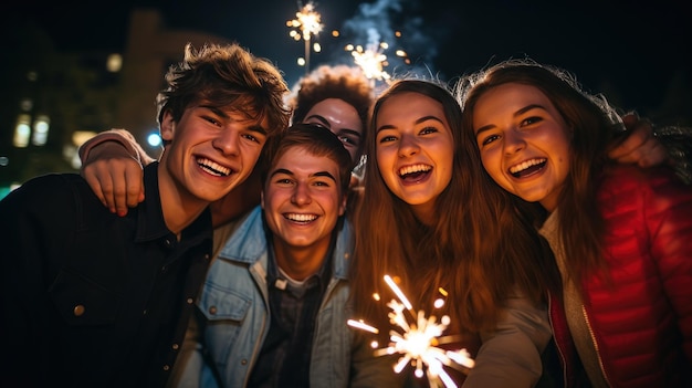 笑顔の学生のグループがカメラを見て新年を幸せに祝います 背景にはカラフルな花火の大学ビルがあります