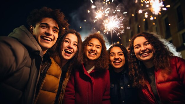 笑顔の学生のグループがカメラを見て新年を幸せに祝います 背景にはカラフルな花火の大学ビルがあります