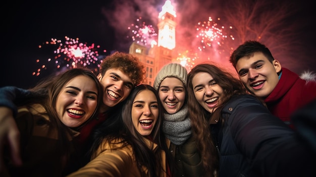 Группа улыбающихся студентов смотрит в камеру, чтобы счастливо отпраздновать Новый год. На заднем плане - здание колледжа с красочными фейерверками.