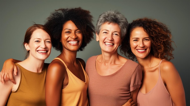 Group of smiling women standing together on isolated background