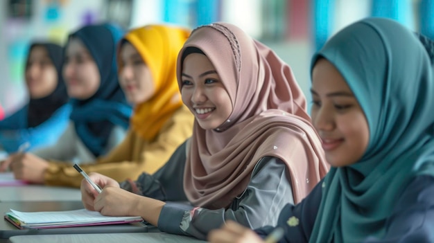 Group of smiling young women in colorful hijabs sitting in a classroom