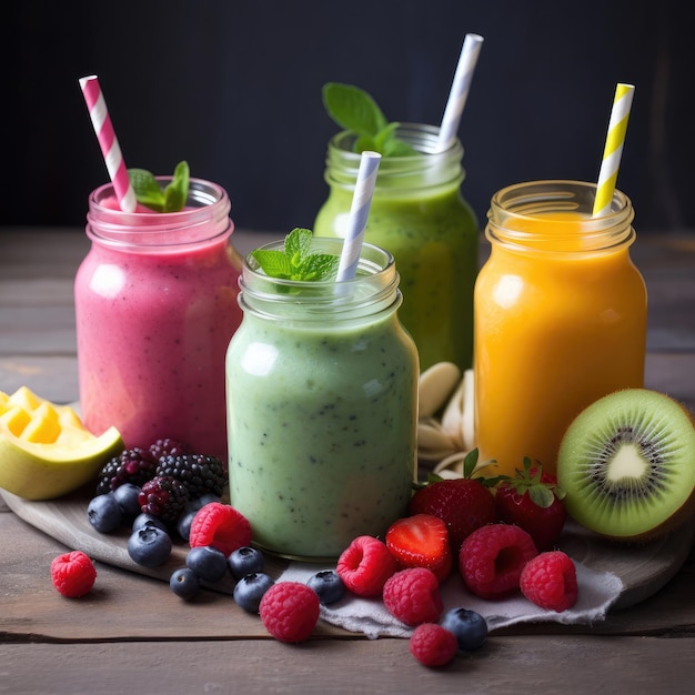 A group of smoothies with straws and kiwis on a wooden tray.