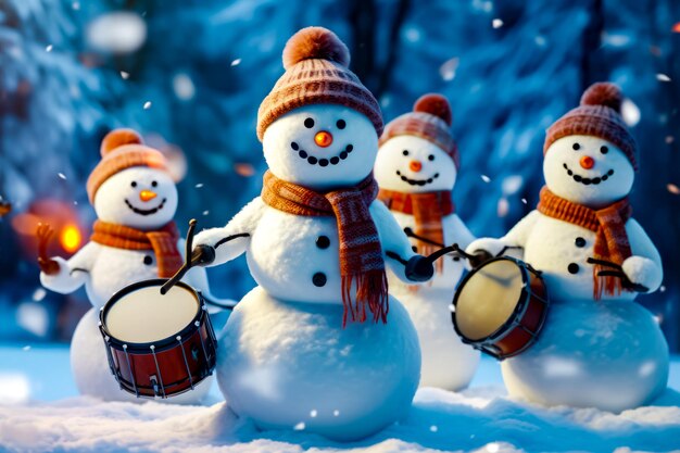 Group of snowmen playing drums in the snow with snowman in the background Generative AI