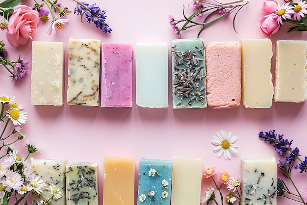 Photo a group of soap bars sitting on top of a pink surface