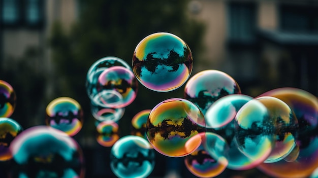 A group of soap bubbles in a city park