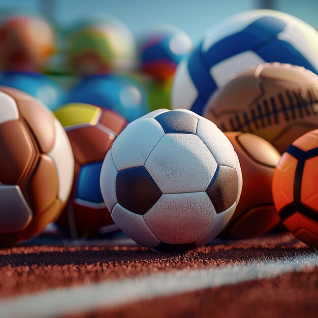 a group of soccer balls are lined up in a line