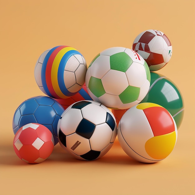 a group of soccer balls are on a yellow background