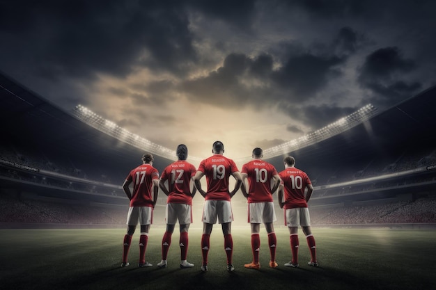 A group of soccer players standing on a field