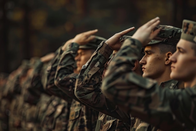 A group of soldiers are lined up and saluting