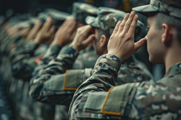 A group of soldiers are lined up and saluting