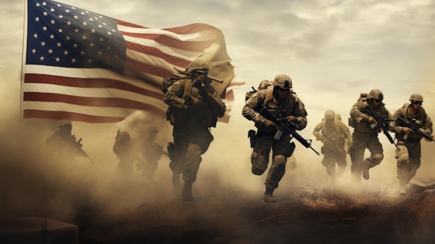 A group of soldiers are running ahead of a us flag