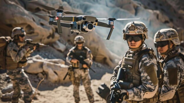 A group of soldiers are standing in a desert with a drone flying overhead