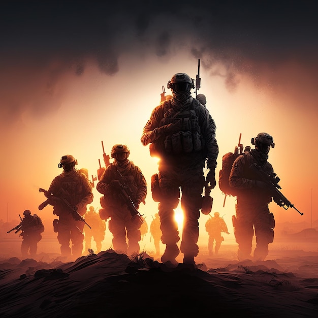 A group of soldiers are standing in a desert with the sun behind them