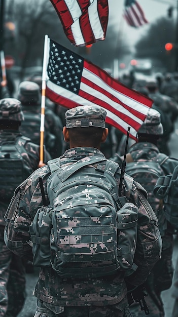 Группа солдат стоит в очереди с американским флагом.