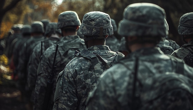 a group of soldiers are walking in a line