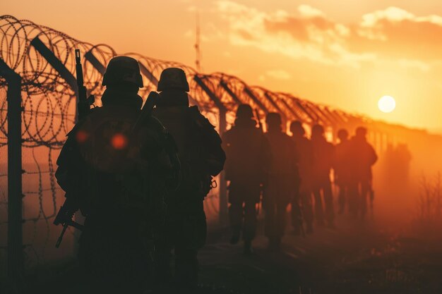 Foto un gruppo di soldati cammina attraverso un campo con un tramonto sullo sfondo