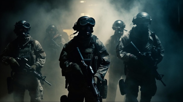 A group of soldiers in a dark room with smoke coming out of them.