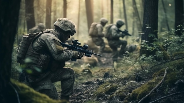 Group of soldiers in the forest Generative Ai