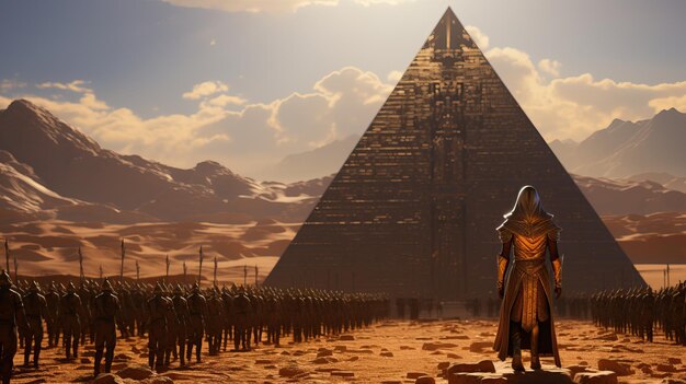 a group of soldiers in front of a pyramid