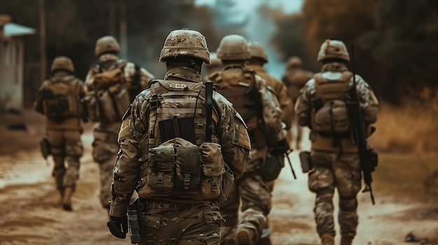 A group of soldiers in full combat gear are walking through a forest They are carrying their rifles and looking alert