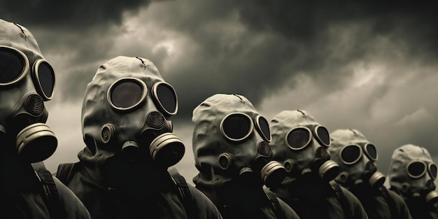 A group of soldiers in gas masks against stormy sky background