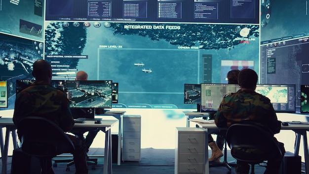 Group of soldiers managing air and sea traffic control for military operations