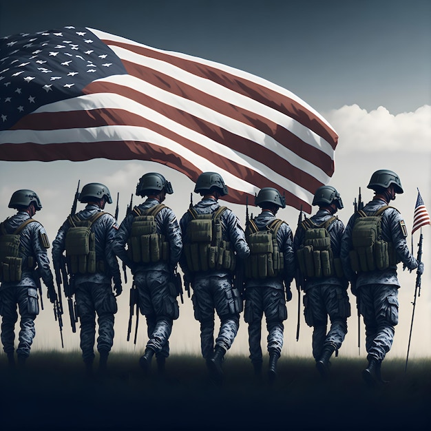 A group of soldiers marching in front of a flag that says u. s. army.