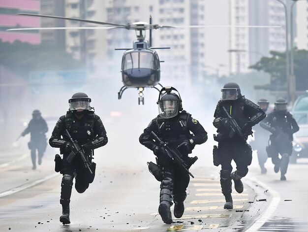 a group of soldiers run through the streets with a helicopter in the background