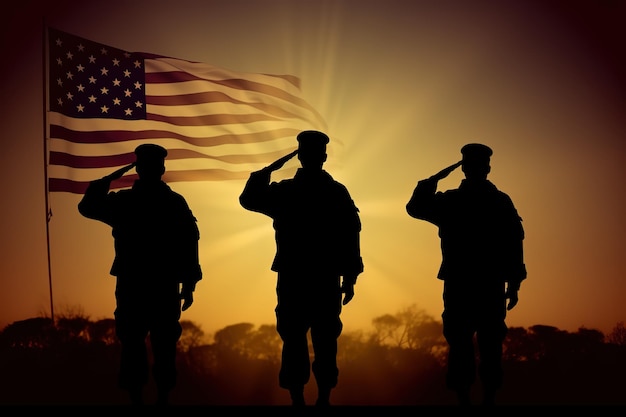 A group of soldiers saluting in front of an american flag