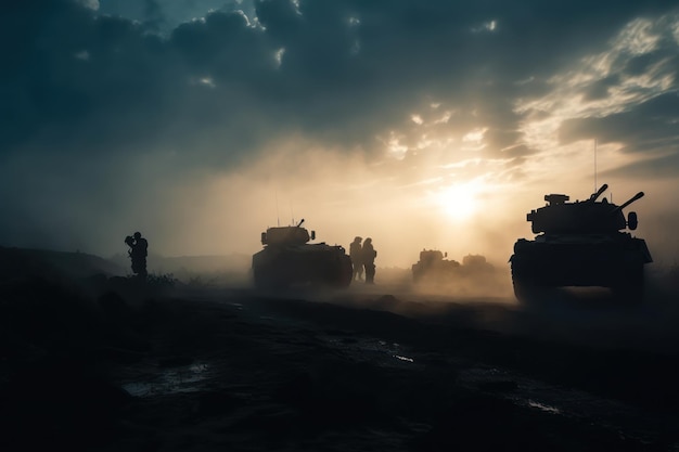 A group of soldiers stand in a dusty field under a cloudy sky.