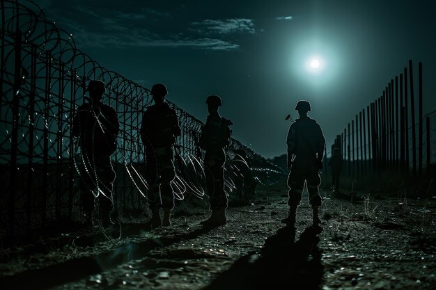 A group of soldiers stand in front of a barbed wire fence