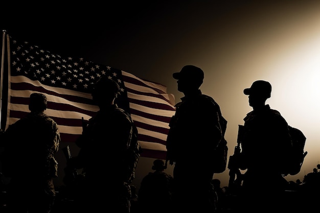 A group of soldiers stand in front of a flag that says u. s. army.