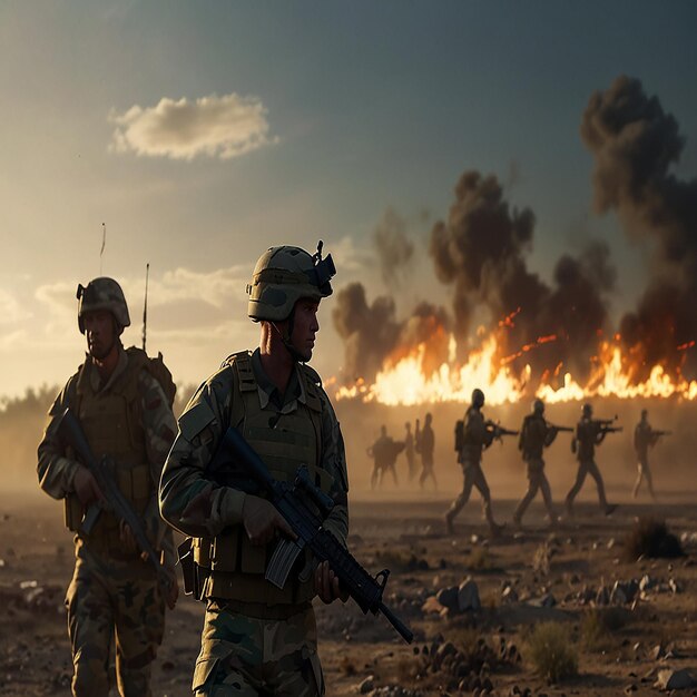 a group of soldiers stand in front of a large explosionAC