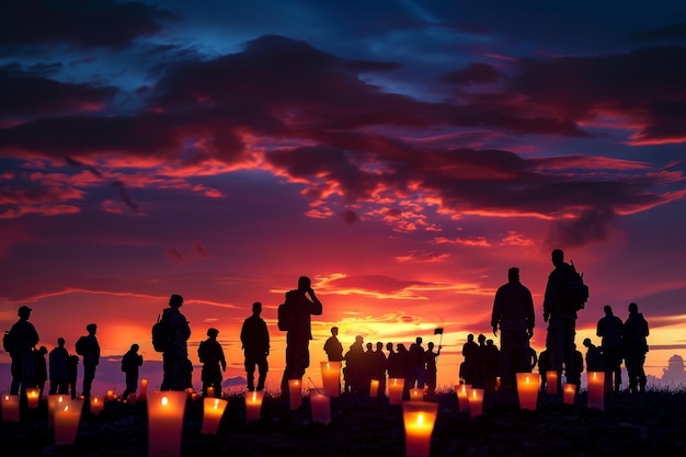 A group of soldiers stand in a line with the sun setting behind them