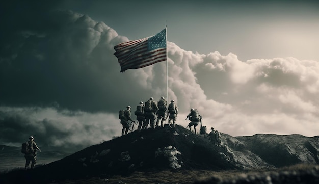 A group of soldiers stand on top of a mountain with the american flag on it.