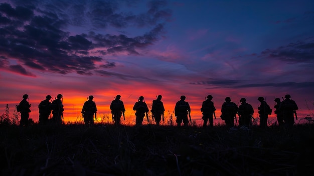 A group of soldiers standing in the field at sunset