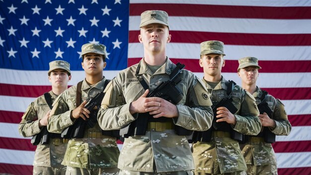 a group of soldiers standing in front of a flag that says  army