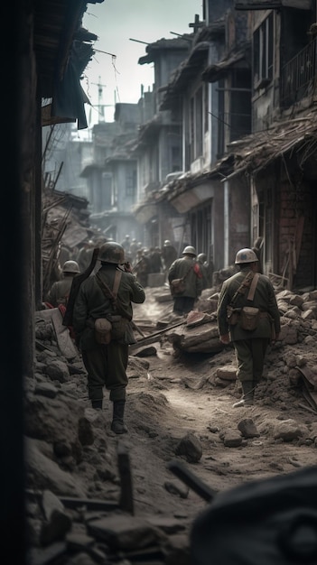 A group of soldiers walk down a street.